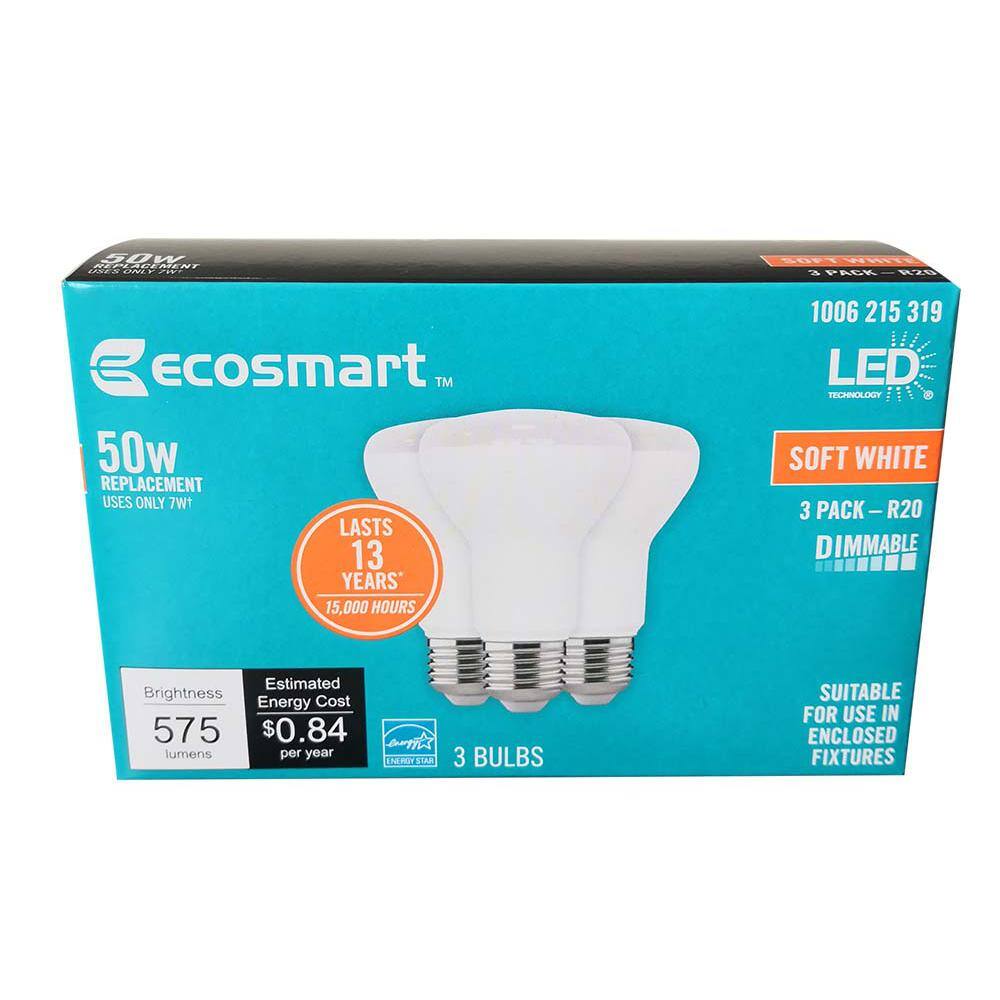 EcoSmart 50-Watt Equivalent R20 Dimmable ENERGY STAR LED Light Bulb Soft White (3-Pack) R20-1D 7W E26 120V 2700K