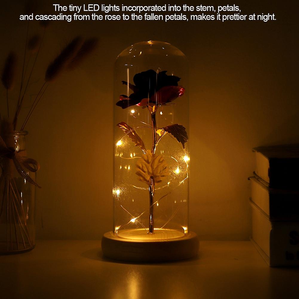 Preserved Rose Flower LED Light with Glass Cover andamp; Wooden Base Valentines'Day Wedding Purple