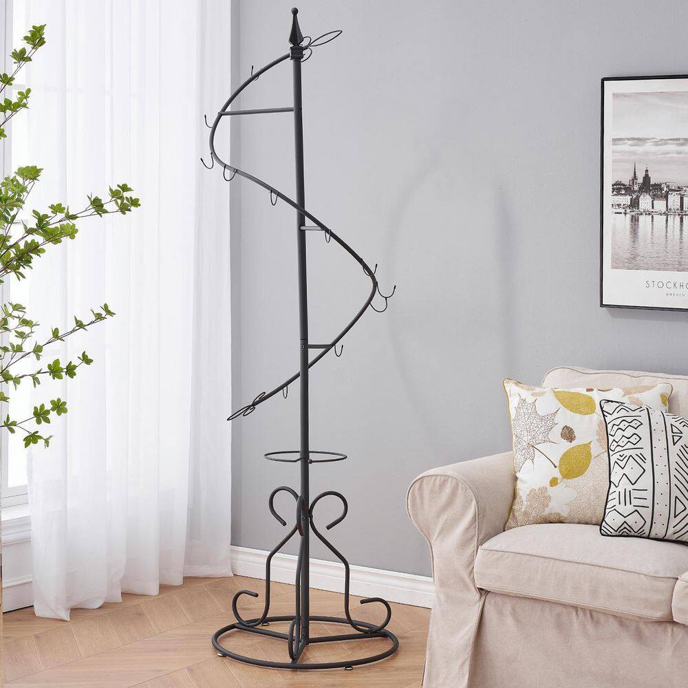 VECELO Spiral Coat Rack Hall Trees with Hooks and Umbrella Holder Premium Stylish Purse Holder 22.6 x 76.3 in.Black KHD-XF-CR05-BLK