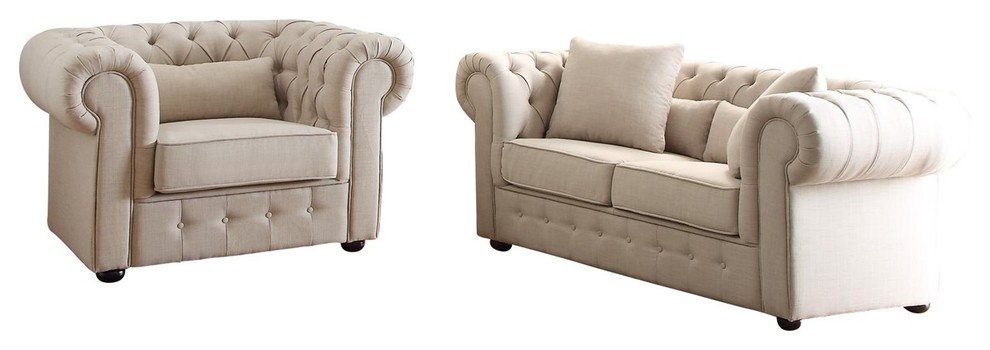 2 Piece Scotlynn Button Tufted Set Love Seat and Chair  Natural Fabric   Transitional   Living Room Furniture Sets   by AMOC  Houzz