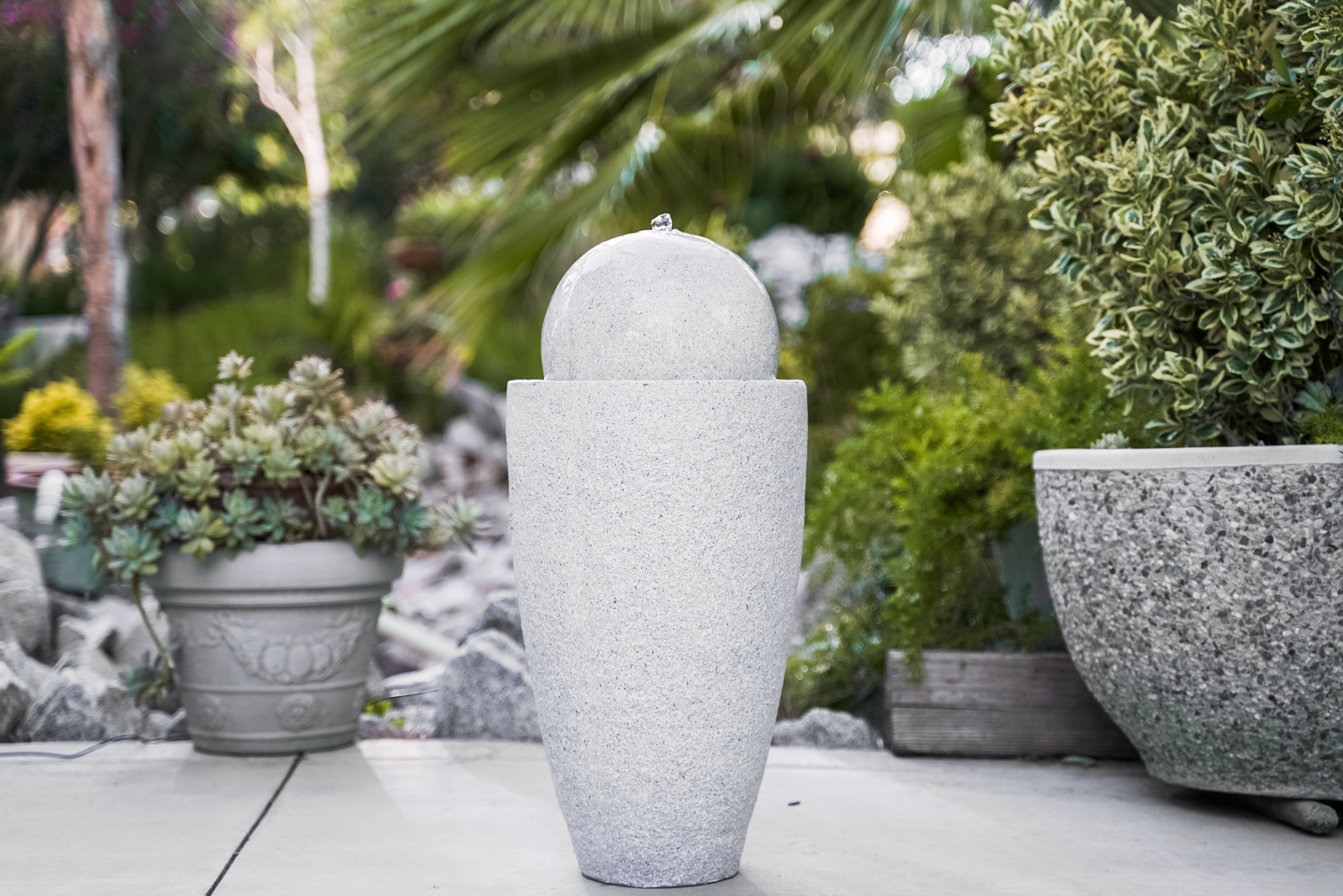 XBrand Modern Stone Textured Round Sphere Water Fountain w/LED Lights， Indoor Outdoor Décor， 25.6 Inch Tall， Grey