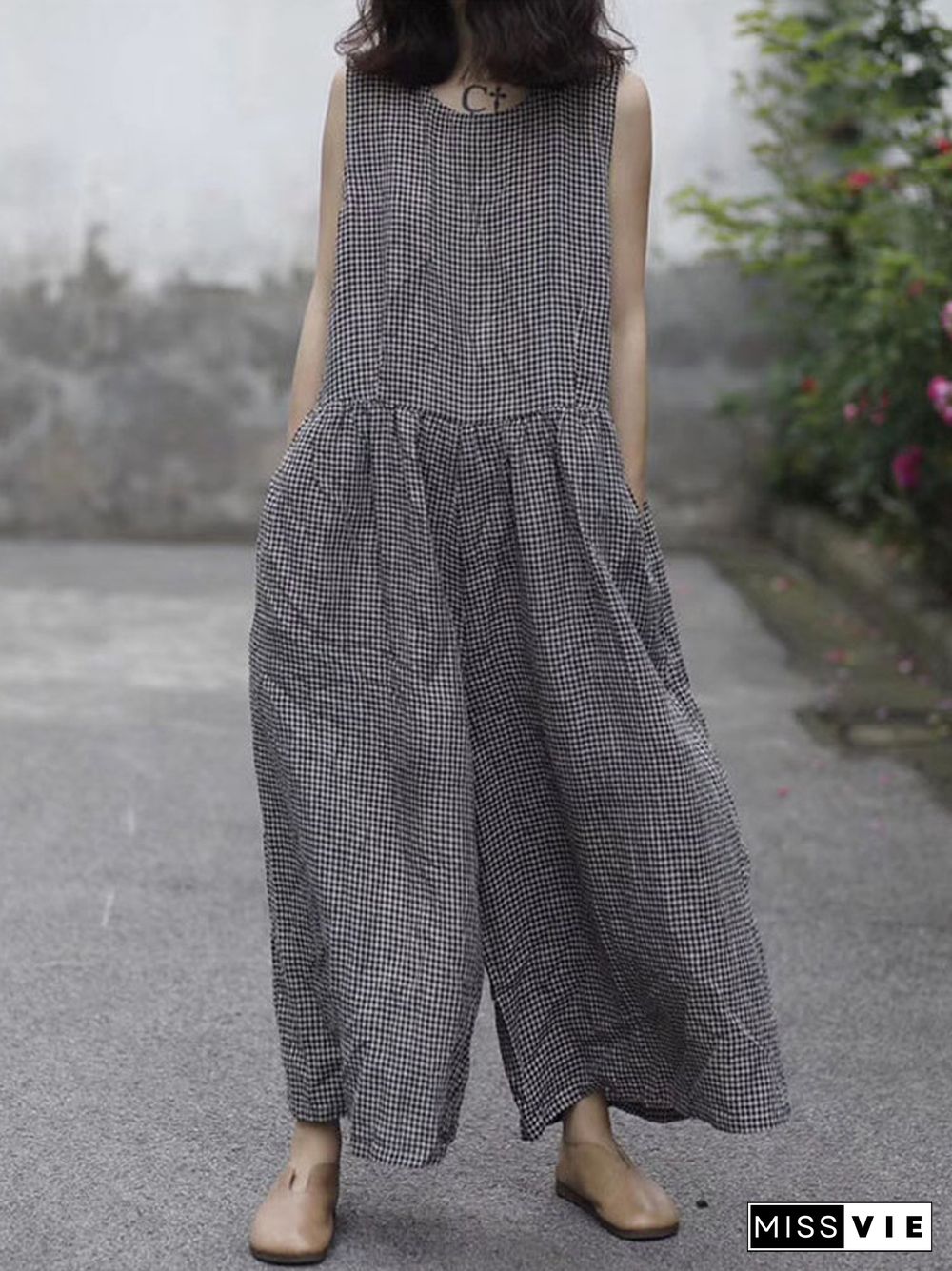 Plaid Wide Leg Sleeveless Baggy Black Overalls Jumpsuit