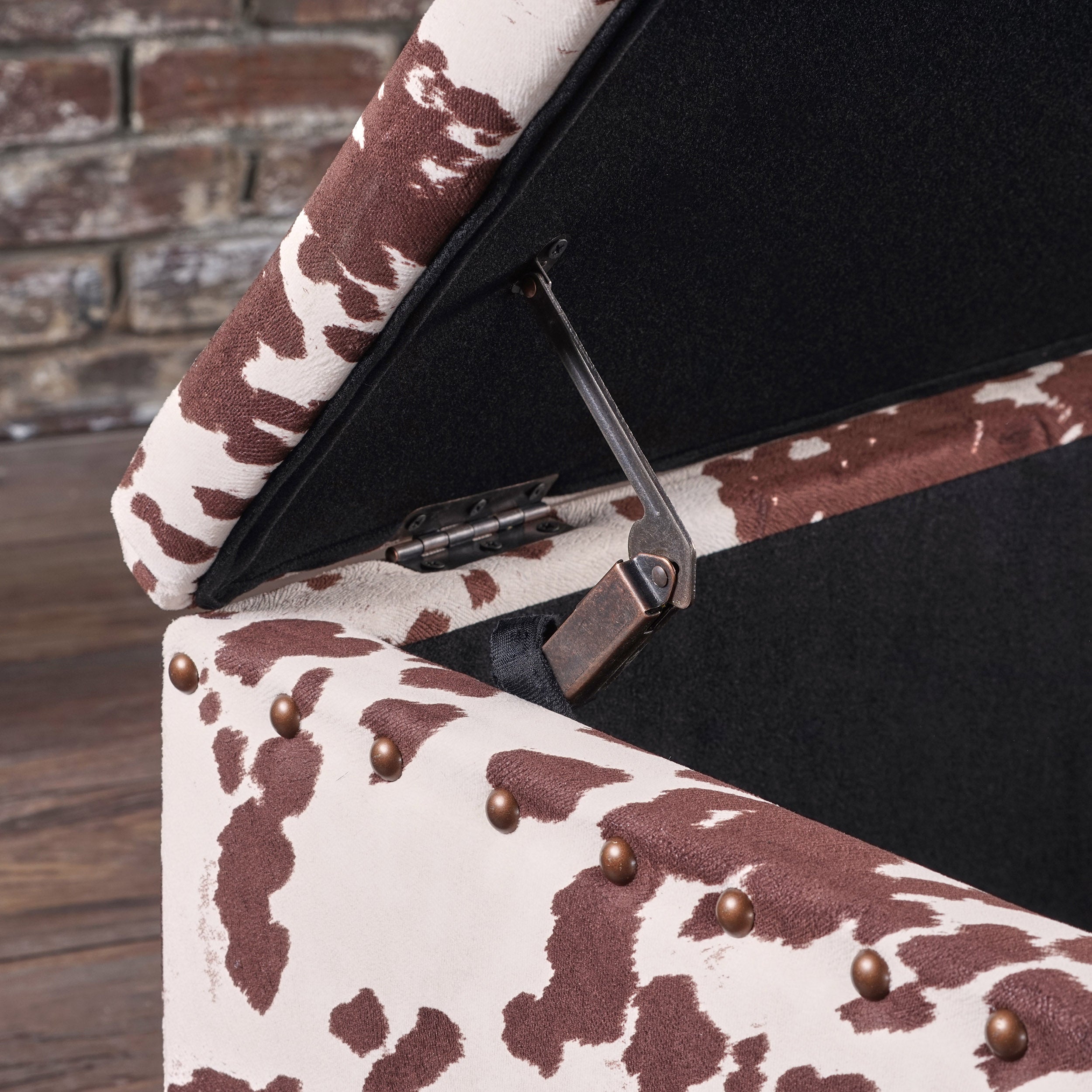 Tatiana Contemporary Velvet Storage Ottoman with Nailhead Trim, Milk Cow Pattern and Dark Brown