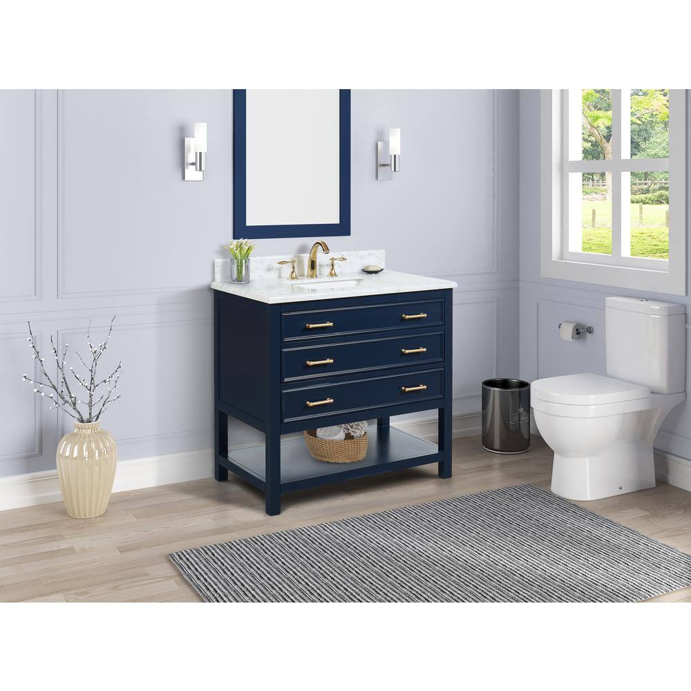 TILE  TOP Uptown 36 in.W x 22 in.D x34.75 in.H Bath Vanity in Navy Blue with Carrara Marble Vanity Top in White with White Basin TH0857