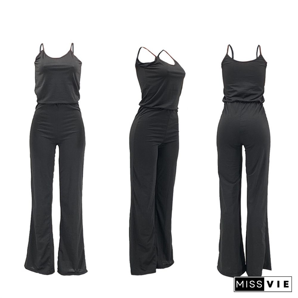 Women Solid Color Cotton Mid Waist Sleeveless Spaghetti Straps Casual One Piece Wide Leg Jumpsuit