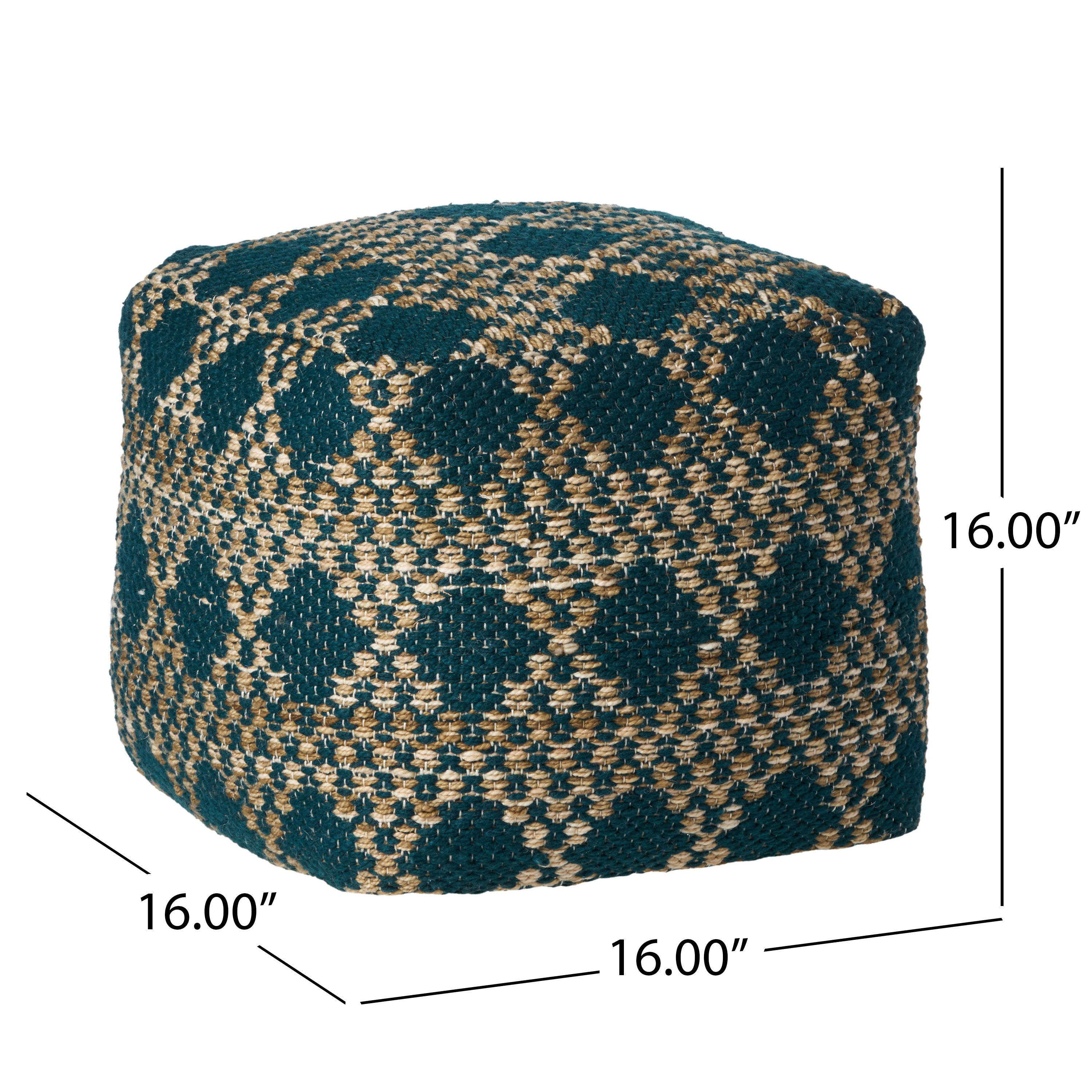 Mamie Boho Diamond Pattern Teal and Beige Yarn Cube Pouf