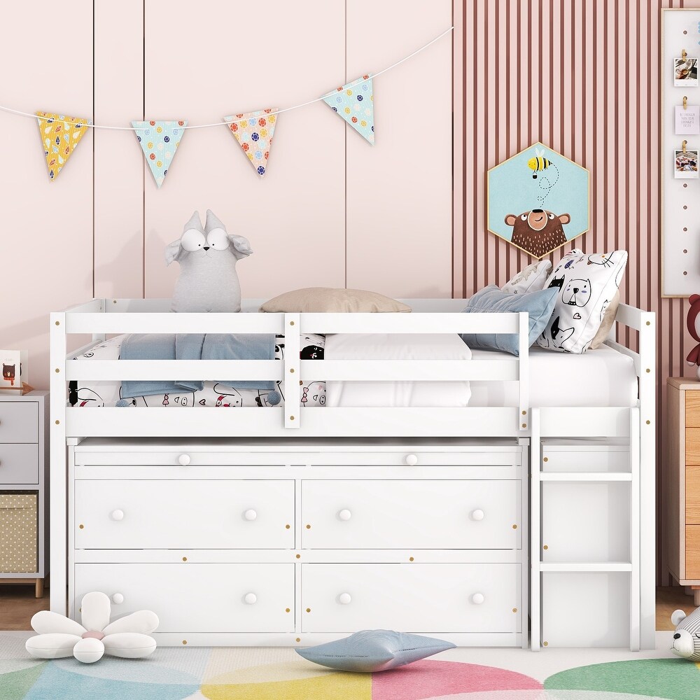 Wooden Loft Bed with Desk and 4 Drawers