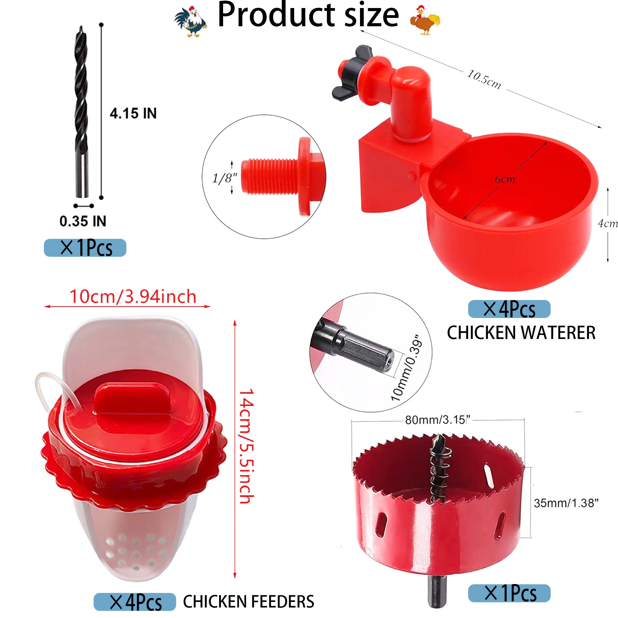 DIY Chicken Feeders No Waste and Waterer Set 4 Ports with 4 Chicken Water Nipples，Rodent Proof Rain Proof Automatic Poultry Chicken and Duck Feeder Kit for Buckets，Barrels，Bins，Troughs 1PCS