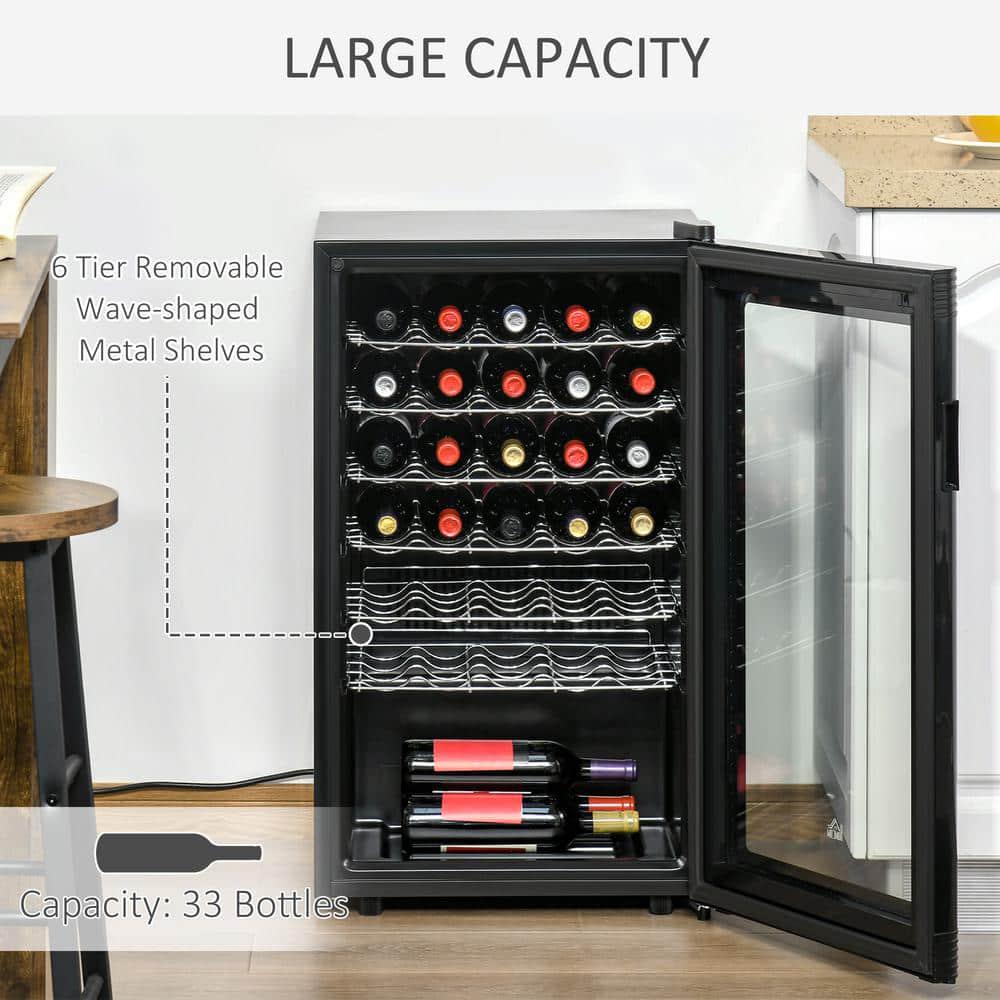 HOMCOM Black 1975 in 33Bottle Wine and 33Can Beverage Cooler with 6 Removable Shelves