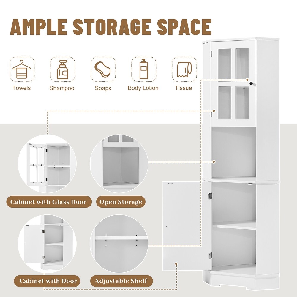 Tall Bathroom Storage Cabinet  Corner Cabinet with Glass Door  Open Storage  Adjustable Shelf