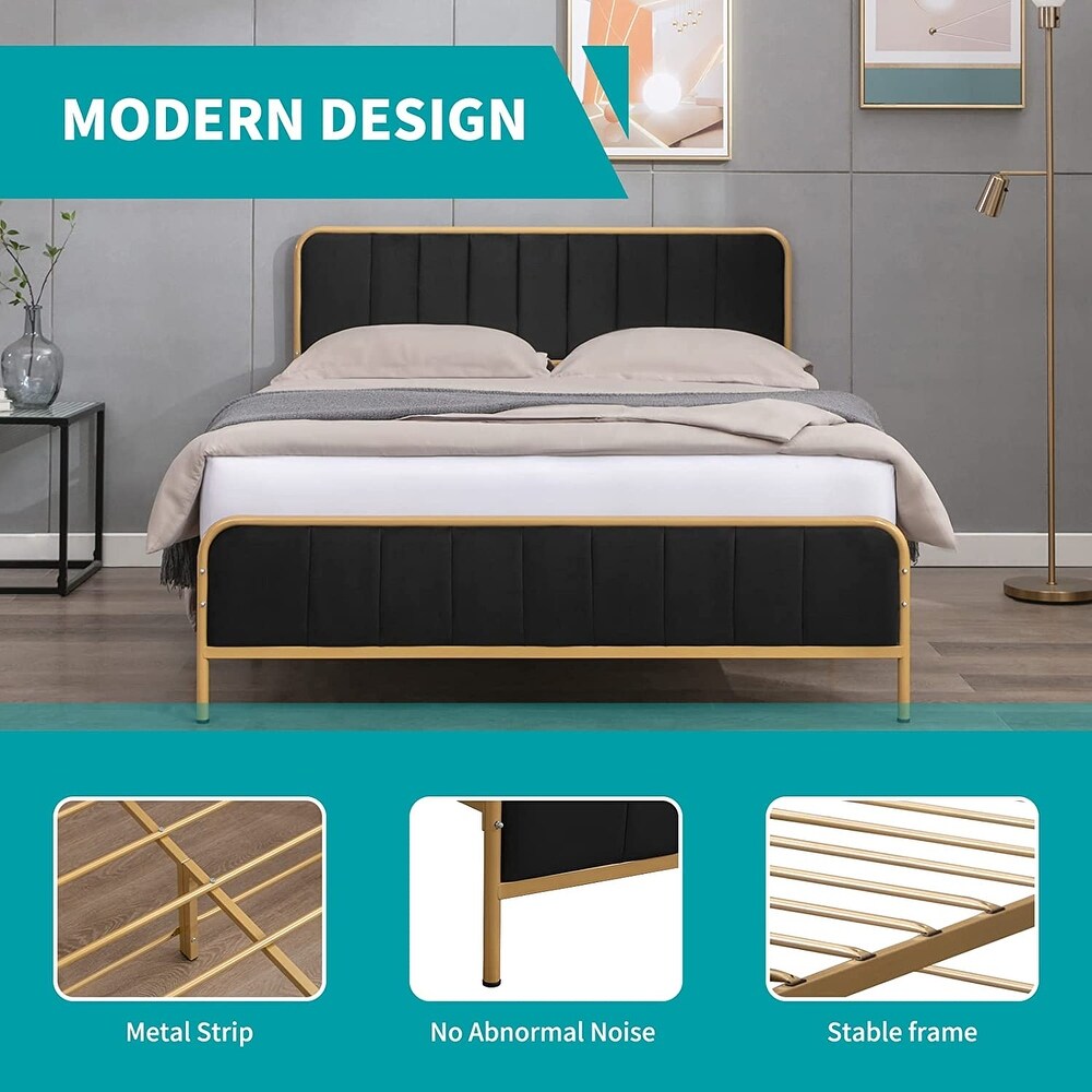 Mixoy Metal Platform Bed Frame with Dutch Velvet Headboard  Clearance Bed Frame Upholstered Headboard  Metal Strip Support