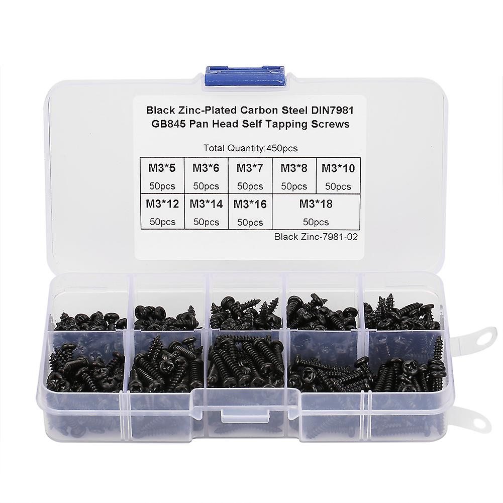 450pcs Black M3 Cross Pan Head Self Tapping Screws Set Assortment Kit