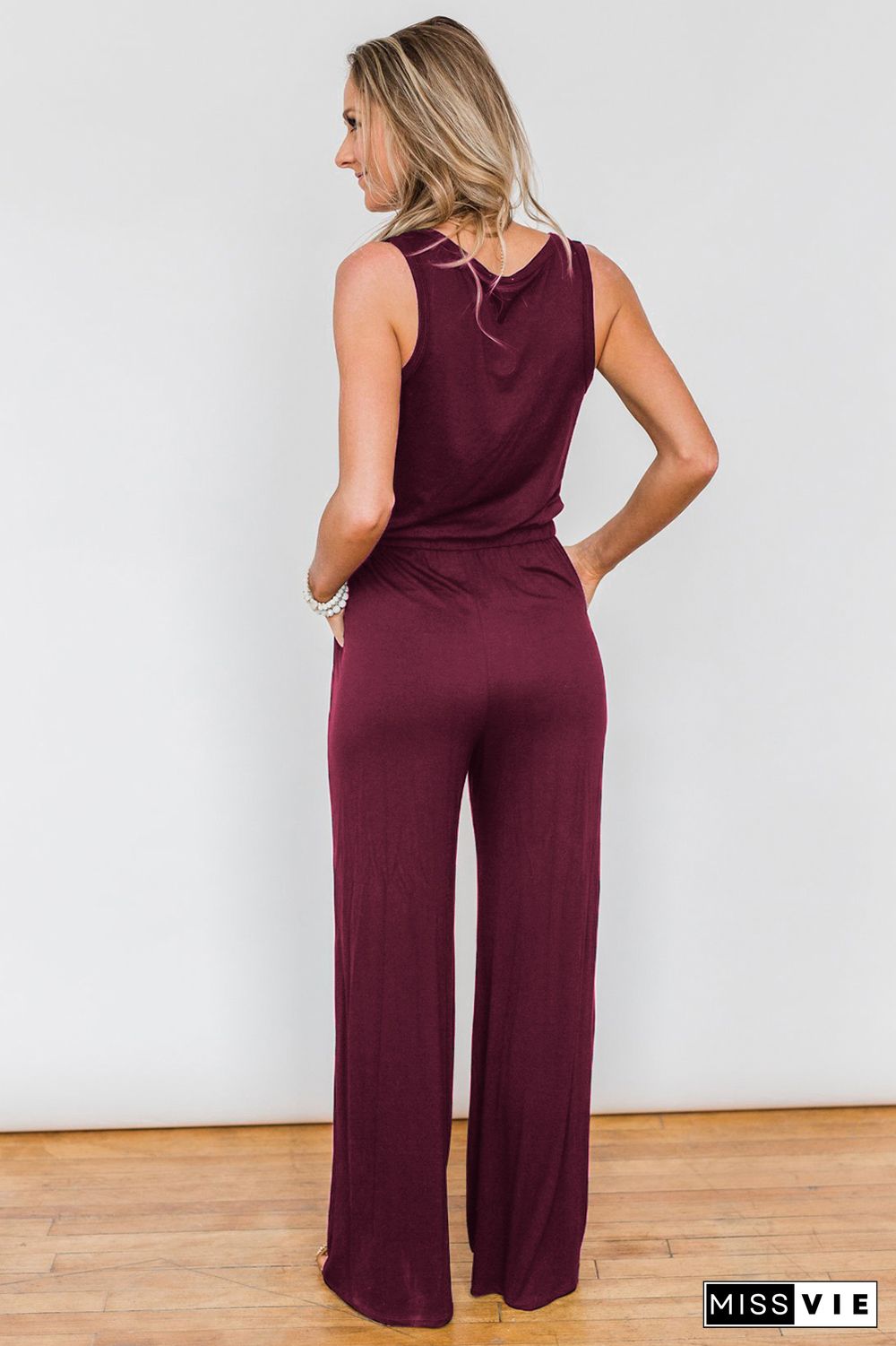 Wine Red Split Neck Drawstring Waist Sleeveless Jumpsuit