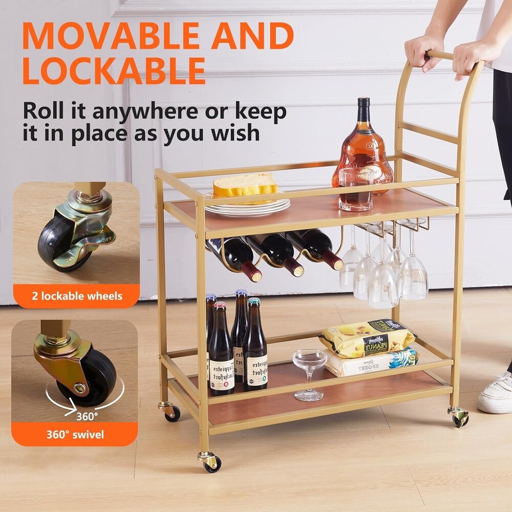 Gold Wood Wine Kitchen Cart with Wheels and Wine Rack
