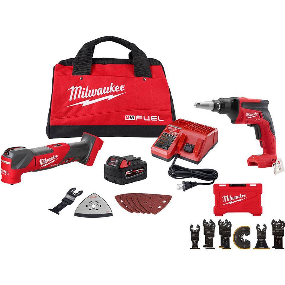 MW M18 FUEL 18V Lithium-Ion Cordless Brushless Oscillating Multi-Tool Kit W Drywall Cut Out Tool  Blade Kit (9-Piece) 2836-21-2866-20-49-10-9113