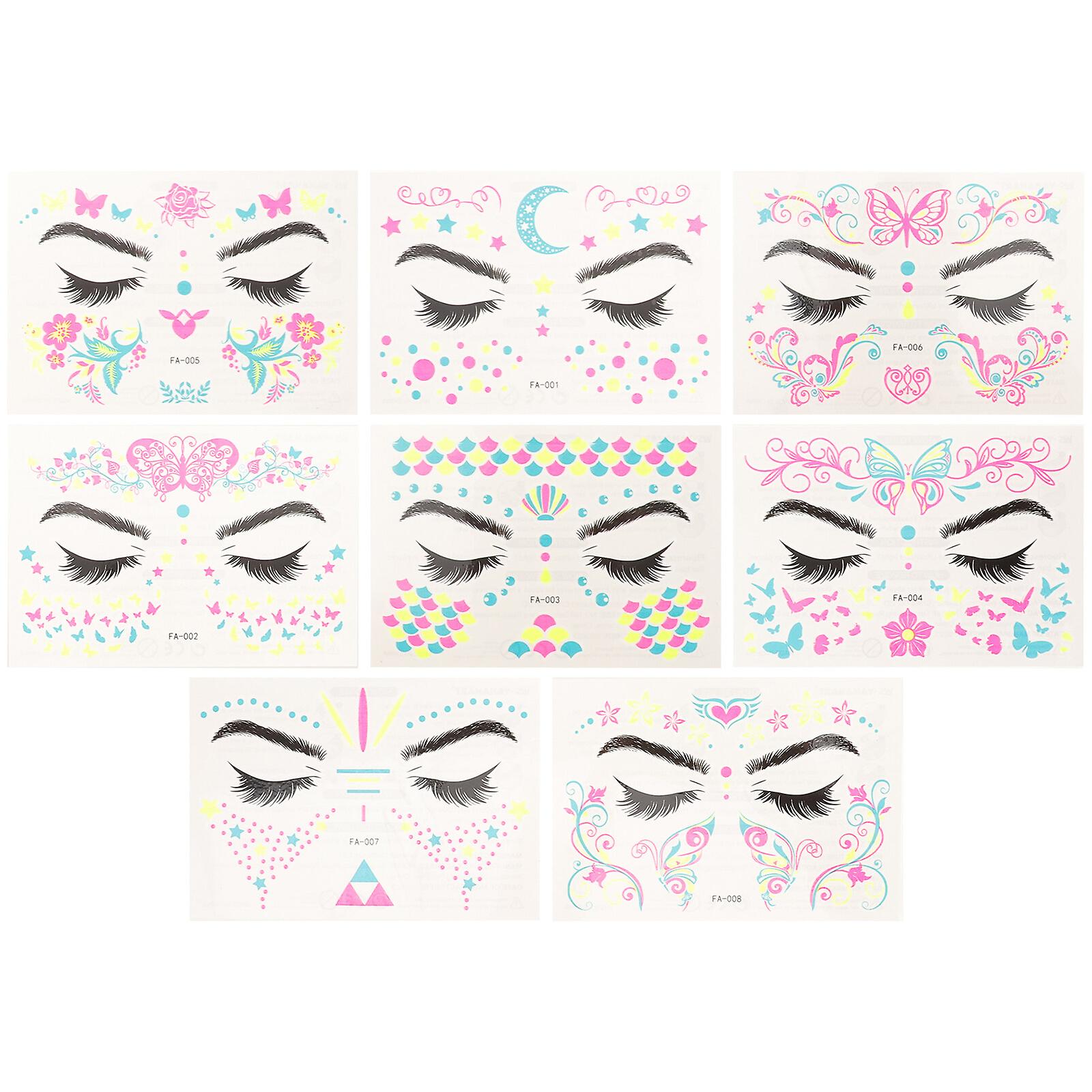 8 Sheets Temporary Tattoos Neon Glow Tattoos Sticker Body Face Skin Tattoos For Women Girls