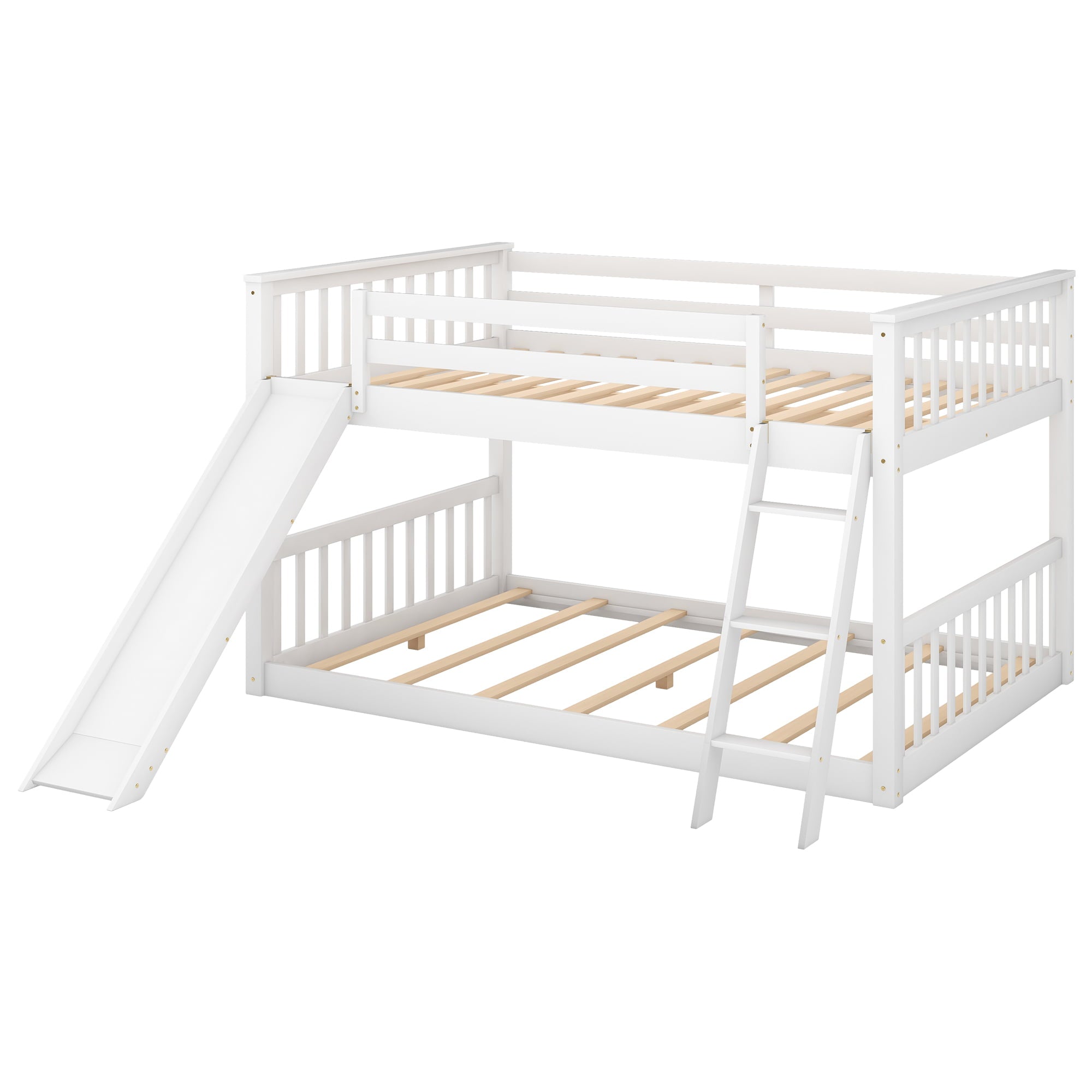 Euroco Full over Full Floor Bunk Bed with Slide and Ladder for Kids Bedroom, White