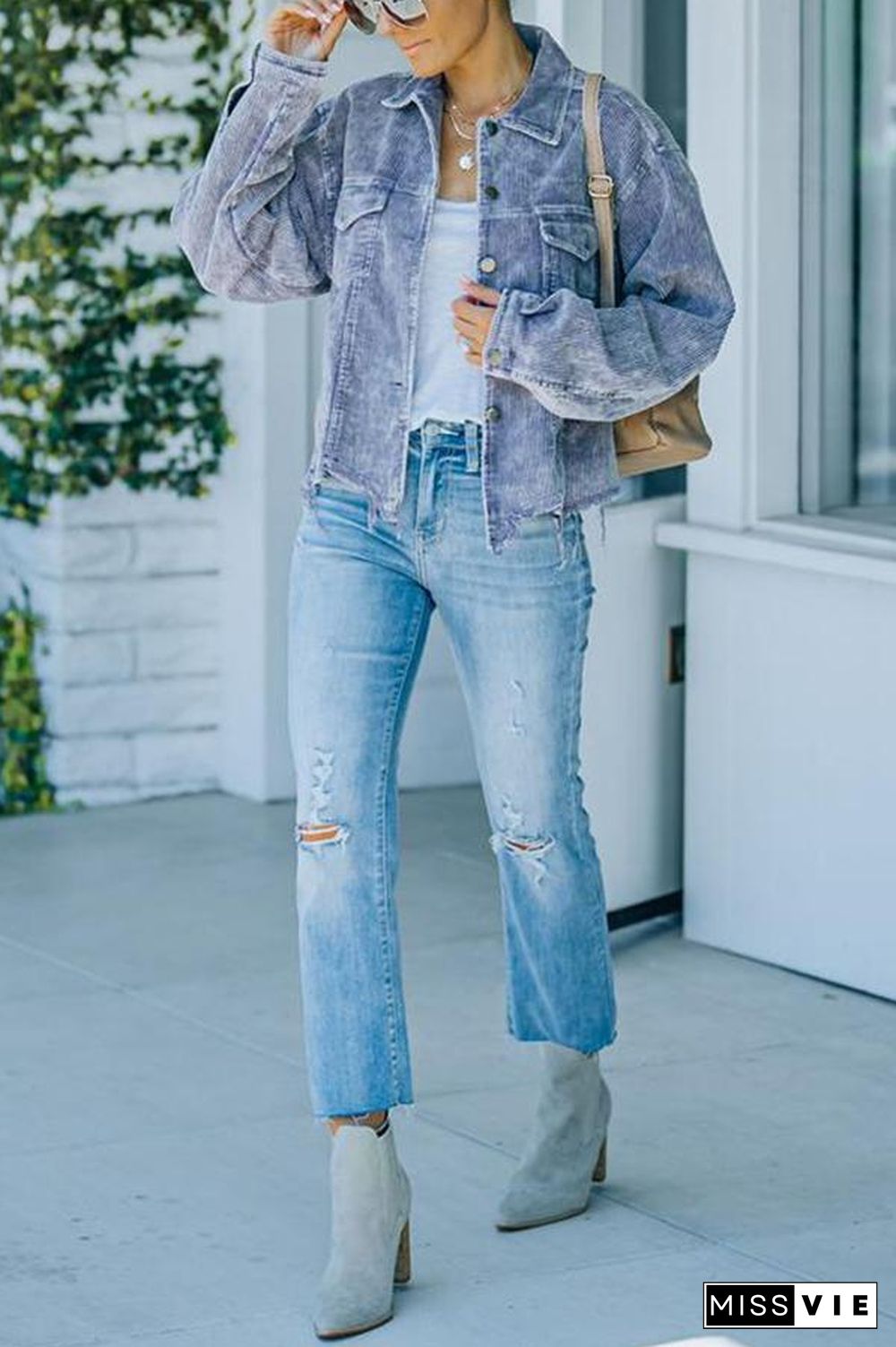 Frayed Hem Cropped Corduroy Jacket