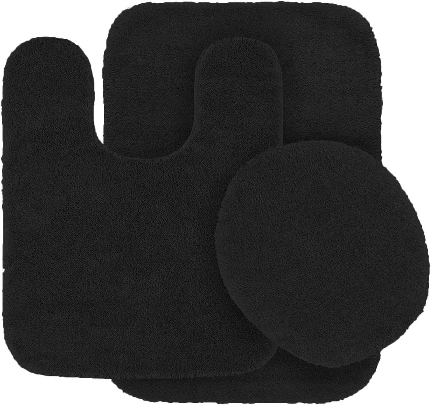 3-Piece Bathroom Rug Set Shiny BLACK Soft Plush， Plain Large Rug ， Contour Mat， and Toilet Lid Cover Rubber Backing