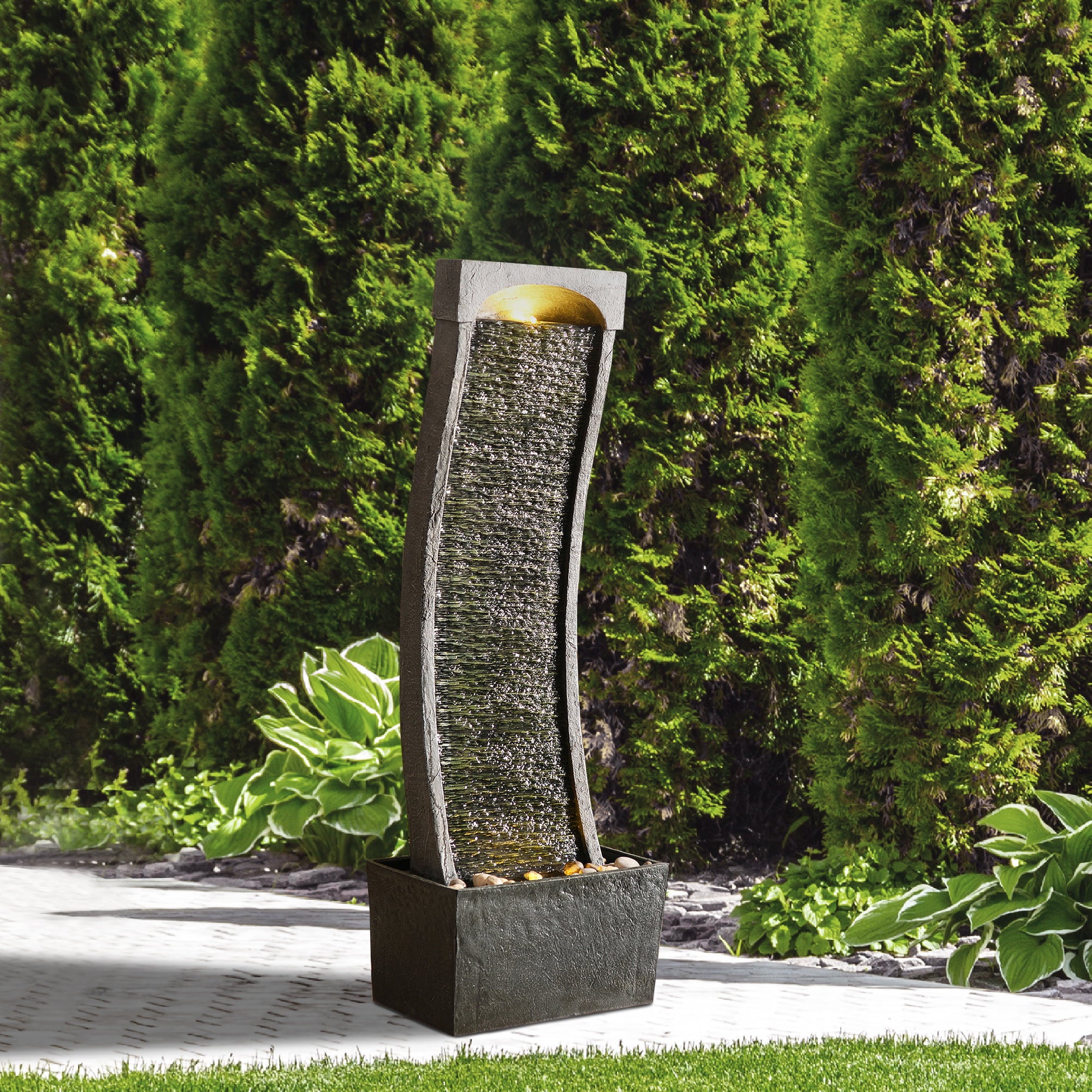 Teamson Home Indoor/Outdoor Modern Curved Slate Stone-Look Tall Waterfall Fountain with LED Lights