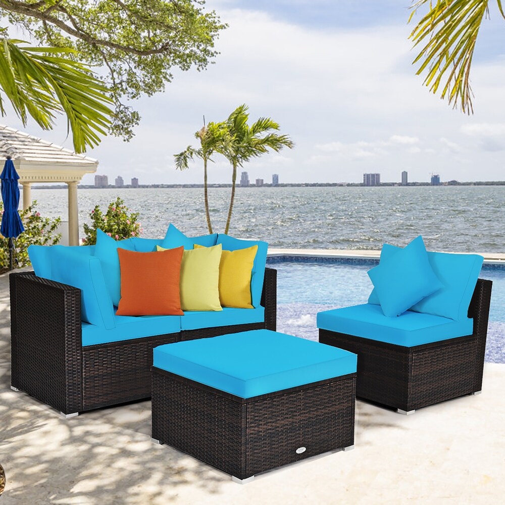 Costway 4PCS Patio Rattan Wicker Furniture Set Cushioned Sofa Ottoman