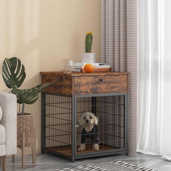 Furniture Style Wood，with Dog Crate，End Table with Storage Console(Rustic Brown; 19.69''w x 22.83''d x 26.97''h) - 26.97