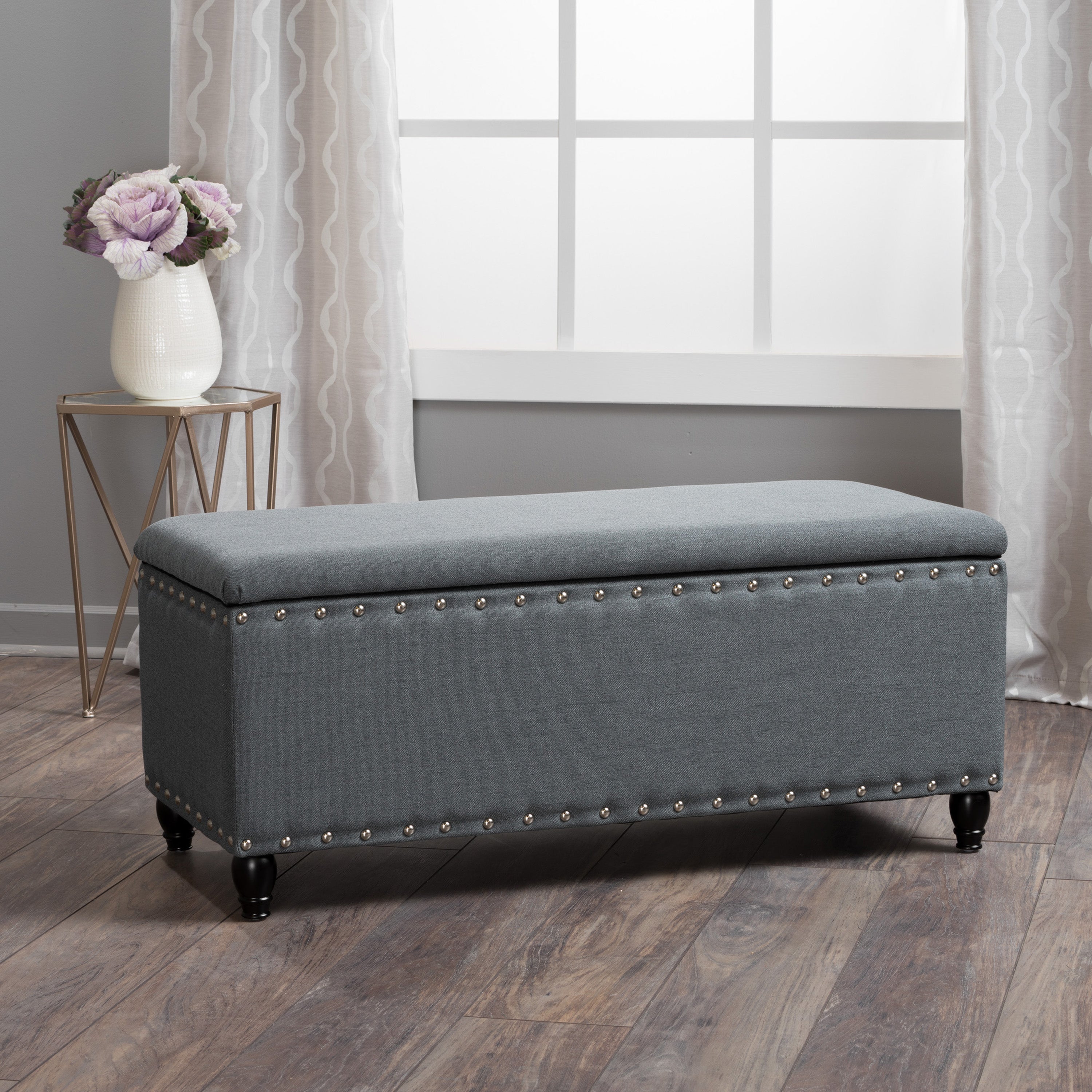 Tatiana Contemporary Fabric Storage Ottoman with Nailhead Trim