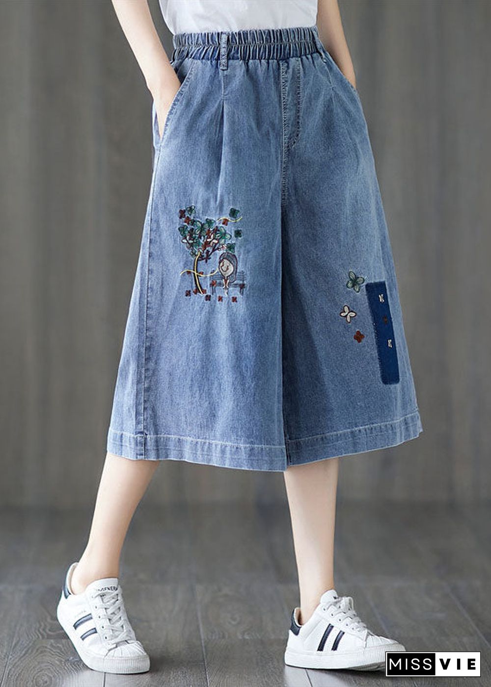 Elegant Denim Blue Elastic Waist Embroideried Cotton Wide Leg Pants Summer