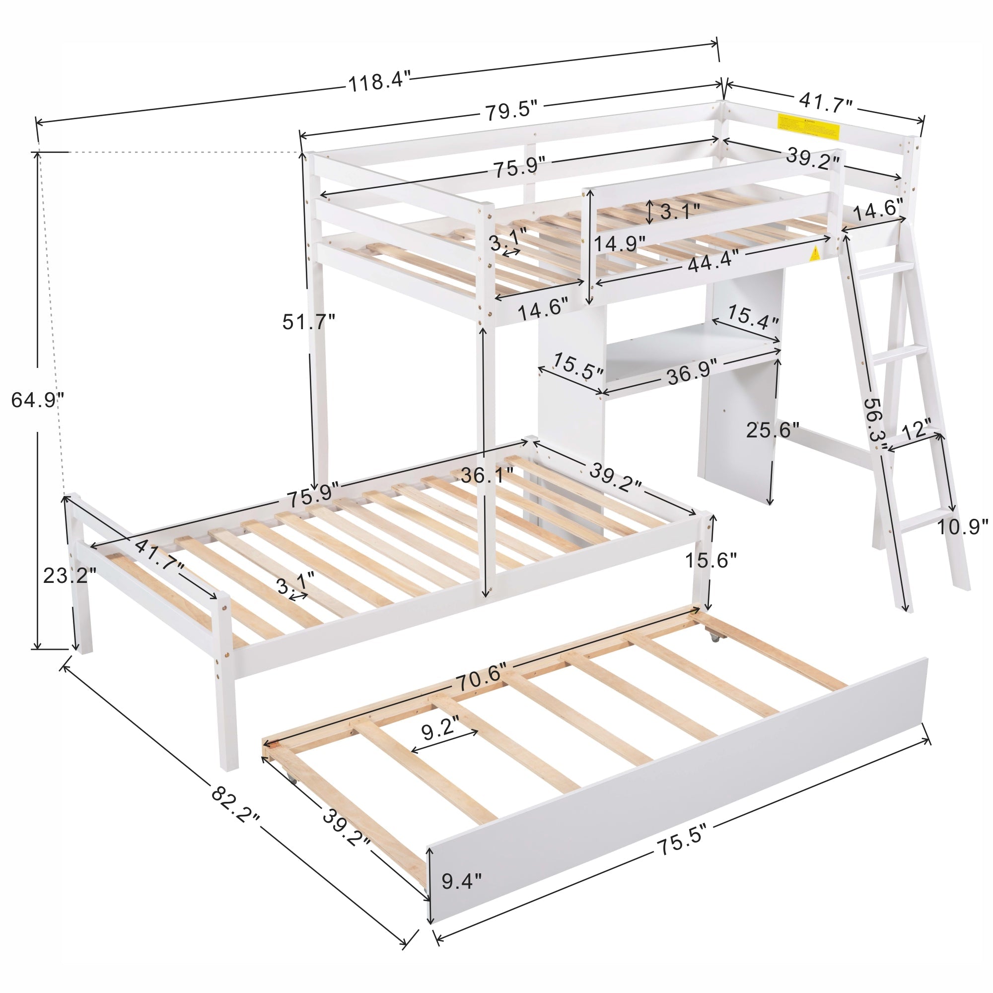 EUROCO Twin over Twin Bunk Bed with Desk and Trundle for Kids Bedroom, White