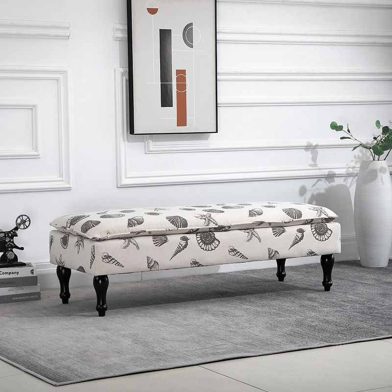 HOMCOM Linen Touch Upholstered Fabric Ottoman Bench Bed Stool for Bedroom Entryway Living Room Beige with Seashells