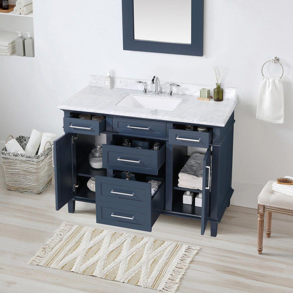 Home Decorators Collection Sonoma 48 in W x 22 in D x 3450 in H Bath Vanity in Midnight Blue with Carrara Marble Top