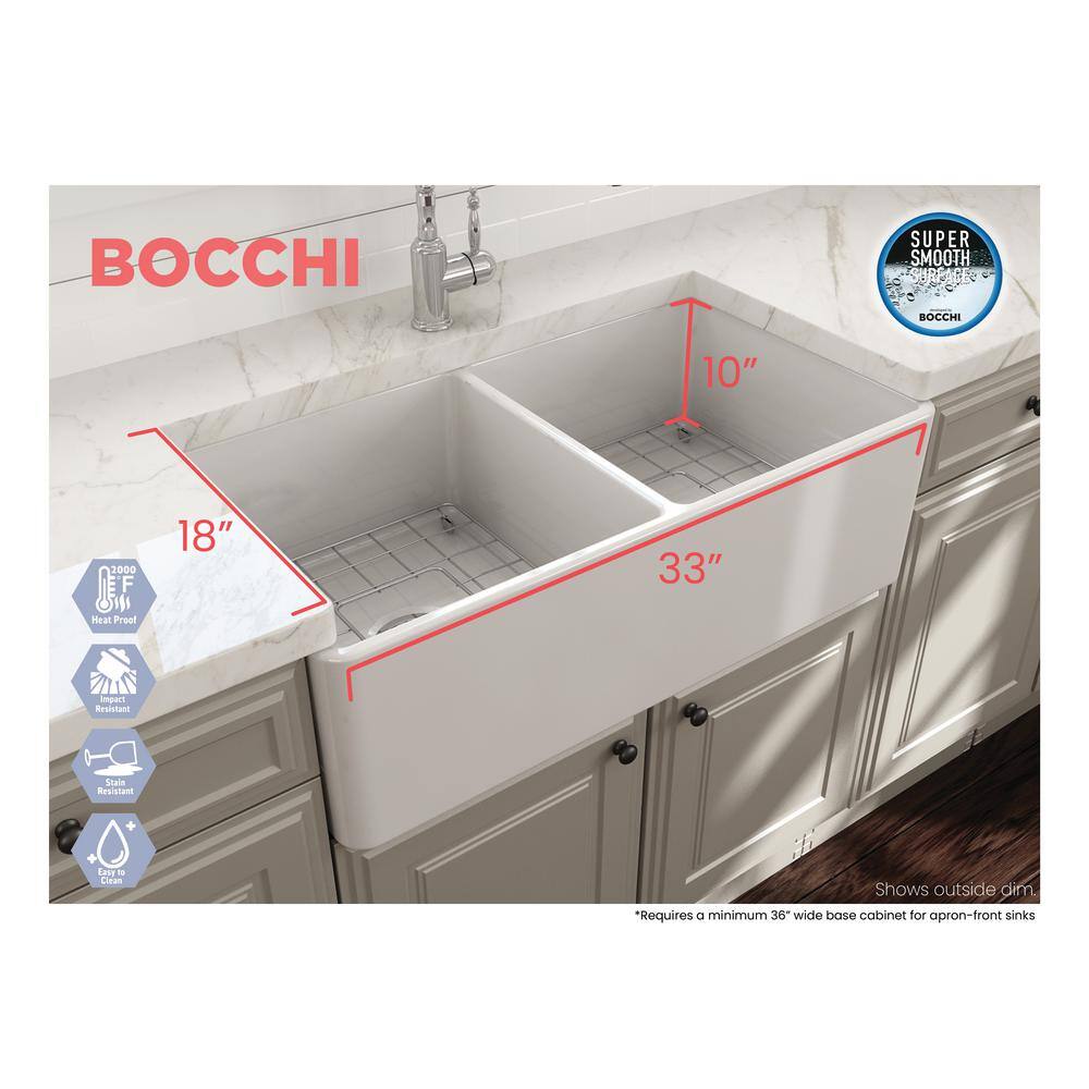 BOCCHI Classico Farmhouse Apron Front Fireclay 33 in. Double Bowl Kitchen Sink with Bottom Grid and Strainer in White 1139-001-0120