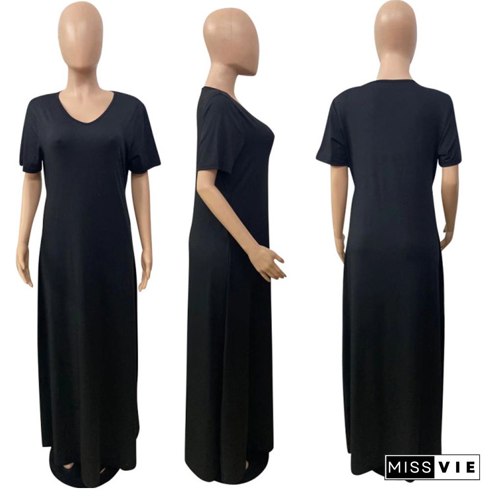 Summer Solid Color Short Sleeve V Neck Loose Maxi Dress