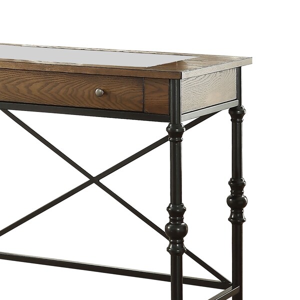 Wood and Metal Counter Height Table with One Large Drawer， Walnut and Black