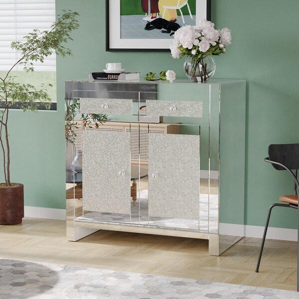 Mirrored Accent Cabinet， Silver TV Console Cabinet Modern Glass Sideboard with 2 Drawers and 2 Cabinets