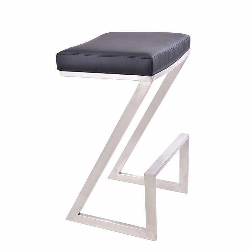 Z Shaped Metal Backless Barstool with Padded Seat， Silver and Black