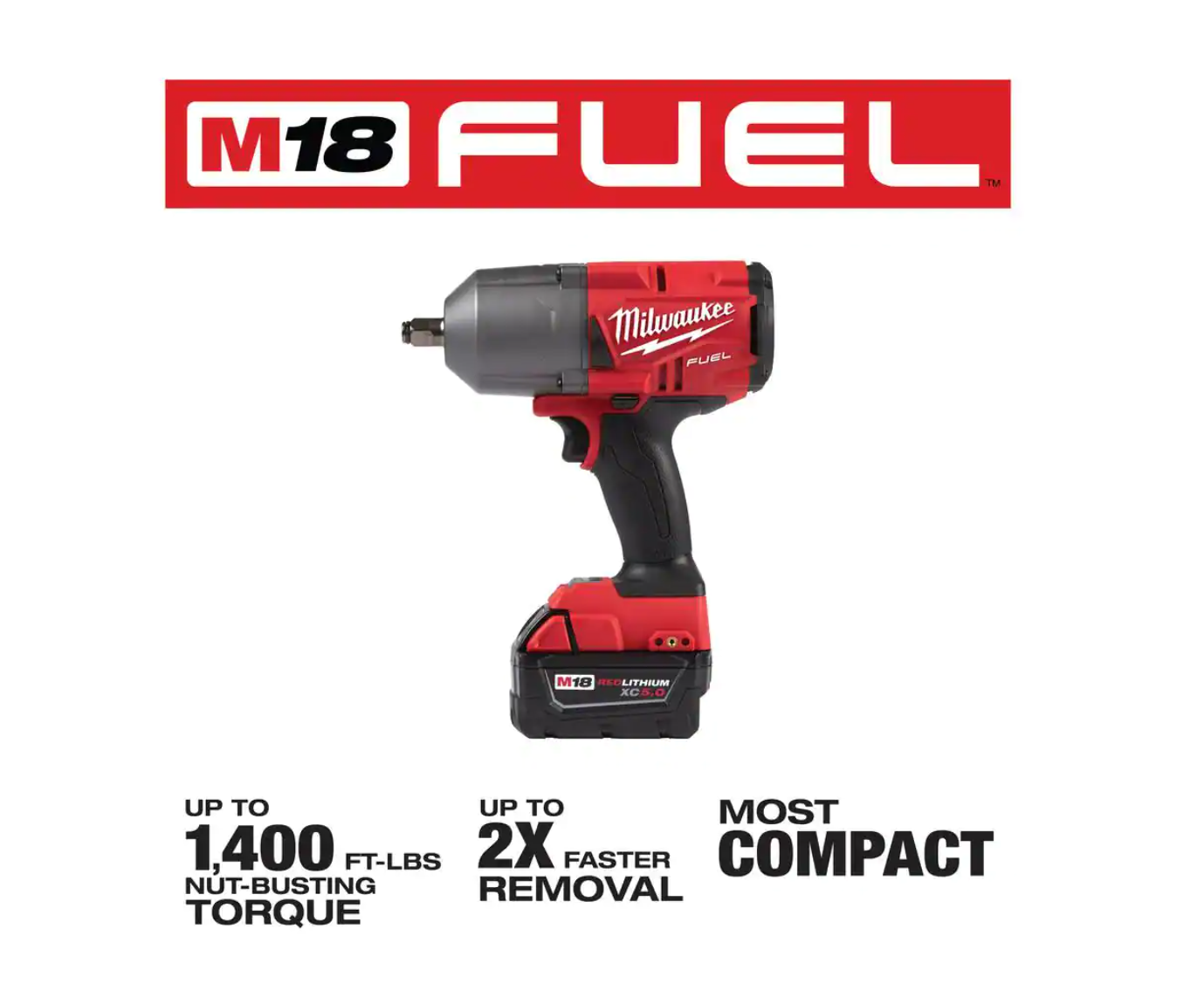 Milwaukee 2767-21B M18 FUEL 18V Lithium-Ion Brushless Cordless 1/2 in. Impact Wrench w/Friction Ring Kit w/One 5.0 Ah Battery and Bag