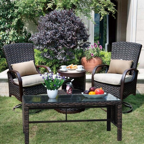 Rectangular Rattan Outdoor Dining Table with Tempered Glass in Brown