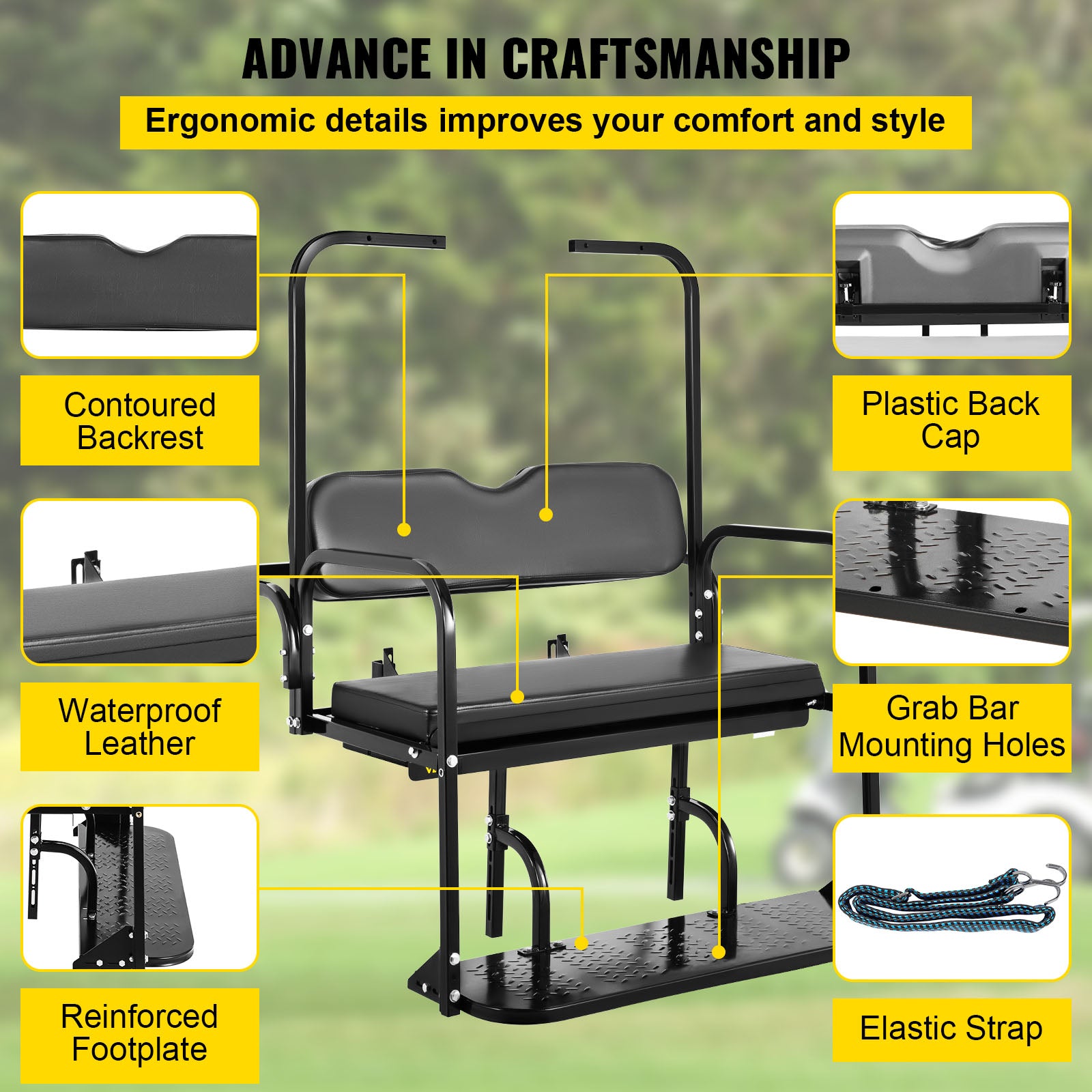 VEVOR Golf Cart Rear Seat， Club Car Rear Seat for 2004-2018 Club Car Precedent， Heavy Duty Golf Cart Back Seat 1102 lbs Capacity， Black Steel Golf Cart Flip Folding Rear Back Seat Kit w/ Roof Support