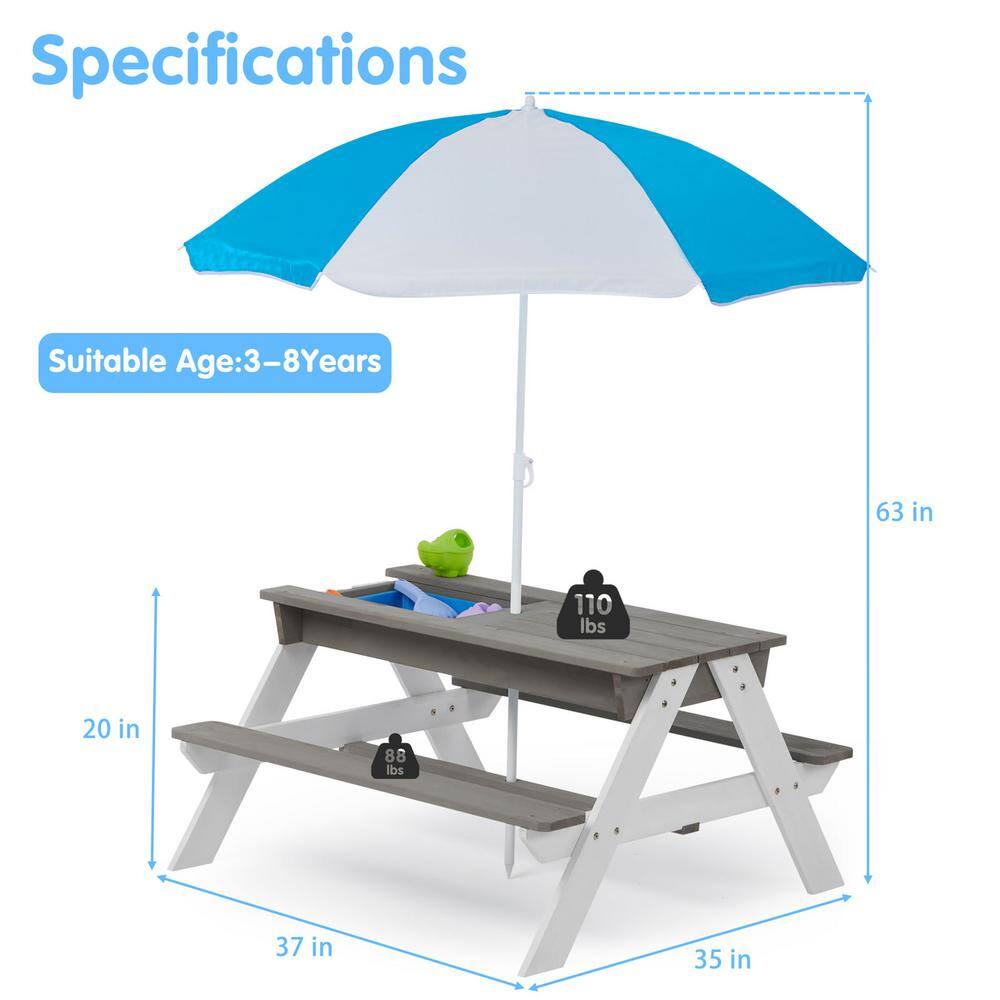 Tunearary Wooden Camping Picnic Table Outdoor Bench Set With Umbrella Sand Table Kids Play Box's H46Z1390