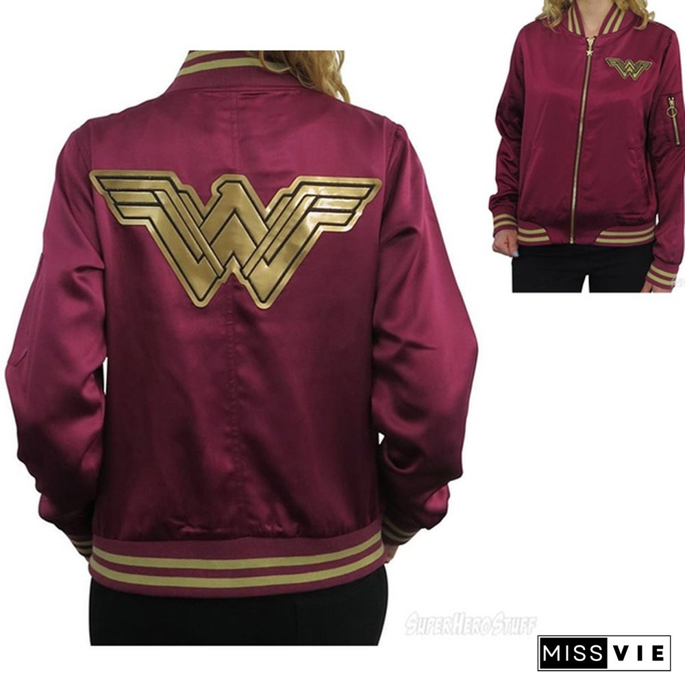 Wonder Woman Bomber Jacket Autumn and Winter Women's Classic Solid Zip Up Jacket Wind Coat