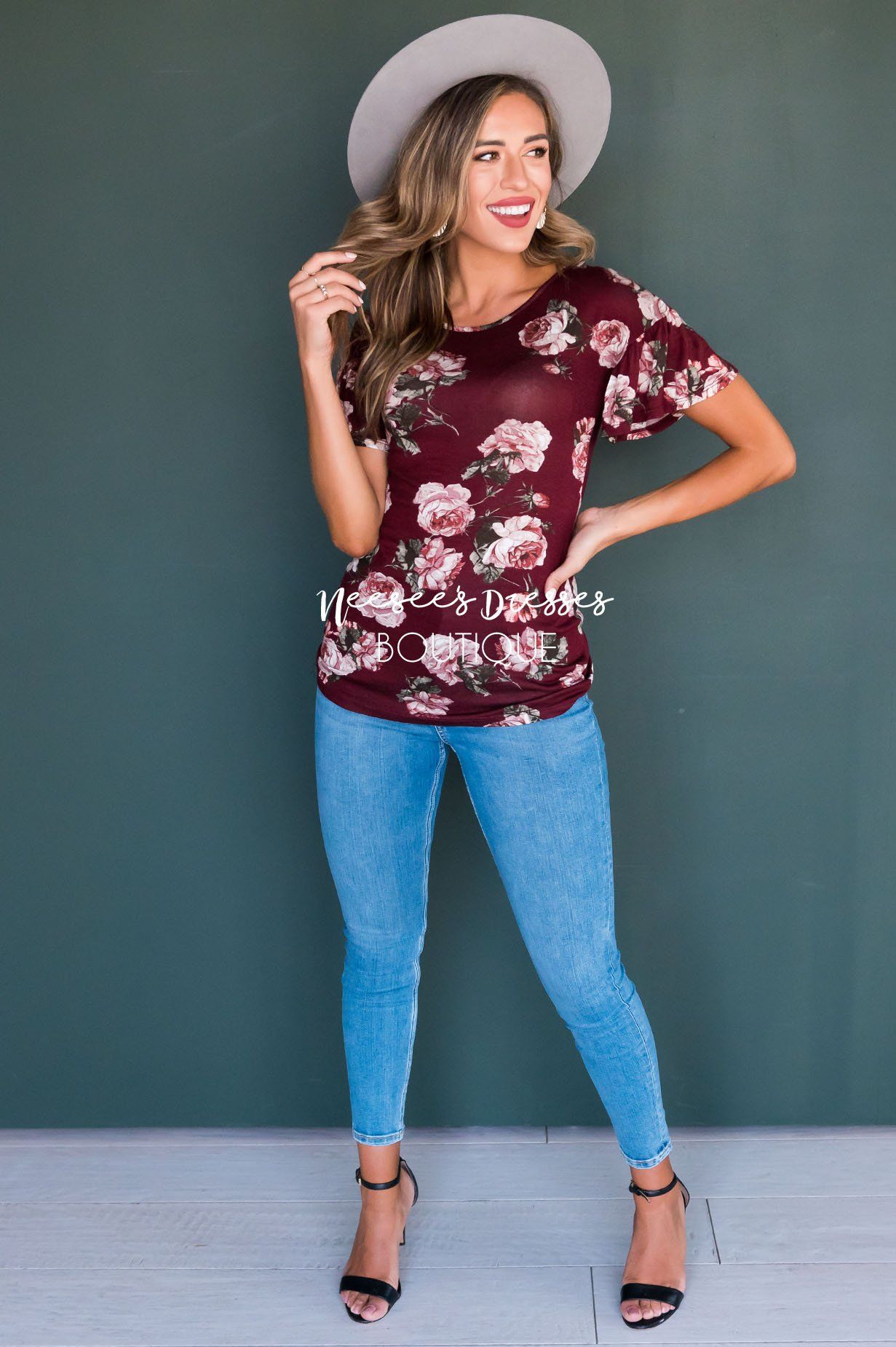 Burgundy Floral Modest Ruffle Sleeve Top