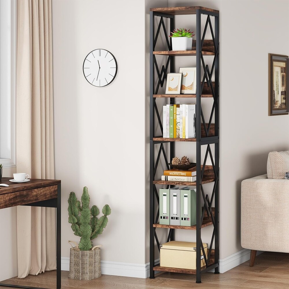 75 Inches Tall Narrow Bookcase with Heavy Duty Metal Frame