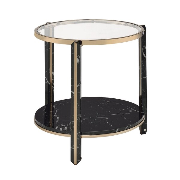 1 Tier Shelf Round Faux Marble Glass End Table in Black and Champagne