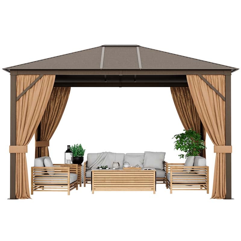 10 x 12 FT Hardtop Gazebo with Netting, Outdoor Patio Metal Gazebo with Galvanized Steel Roof