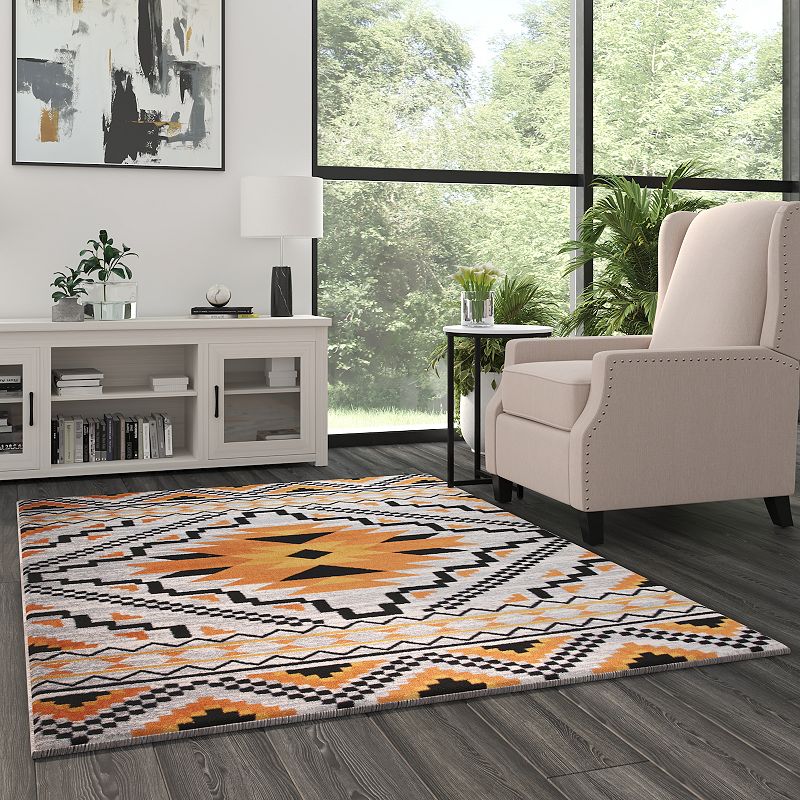 Masada Rugs Winslow Collection 5'x7' Southwestern Print Accent Rug in Orange， White and Black with Cotton Backing