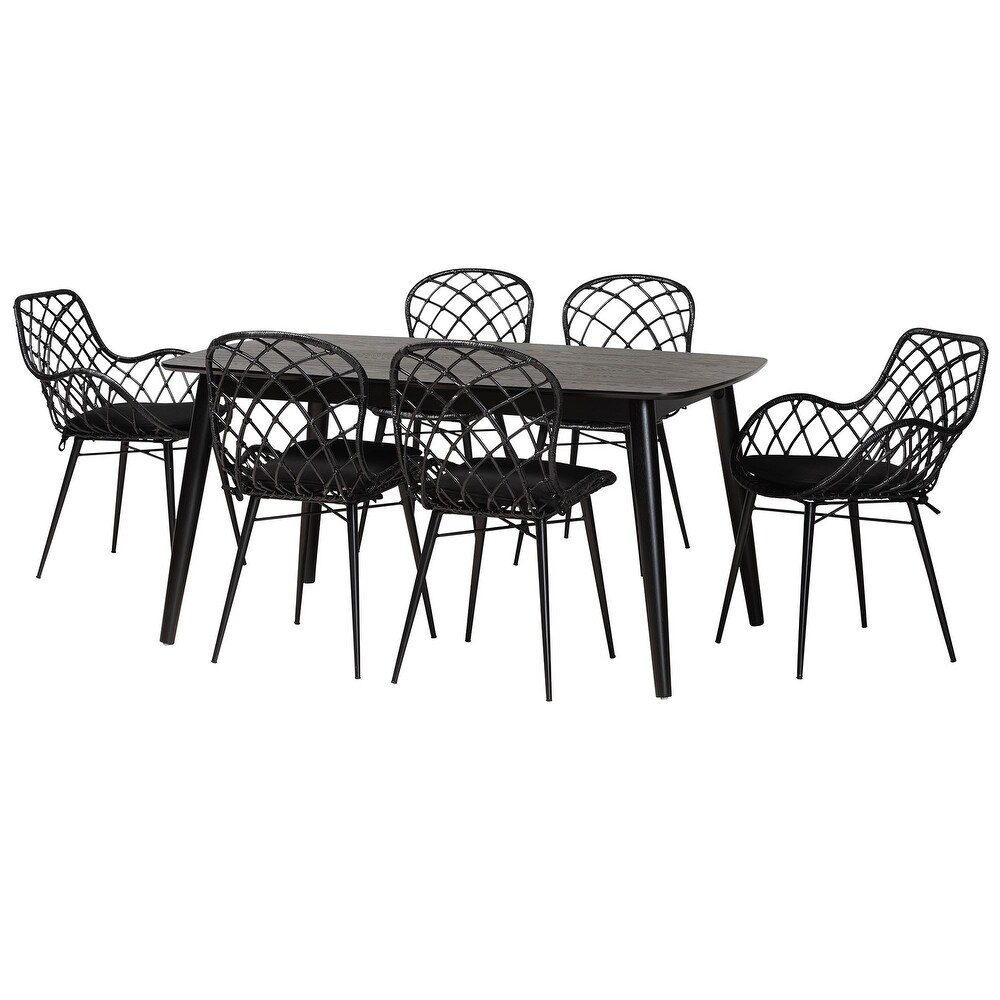 Aniceta Modern Bohemian Black Finished Wood and Rattan 7 Piece Dining Set