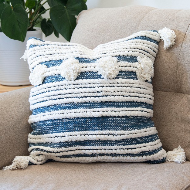 Blue And White Hand Woven 20 X 20 Inch Decorative Cotton Throw Pillow Cover With Insert And Hand Tied Braiding Pom poms And Tassels Foreside Home amp