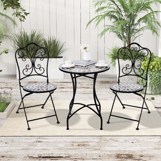 Costway 3pcs Patio Bistro Set Mosaic Pattern Heavy duty Metal Dining Folding Outdoor