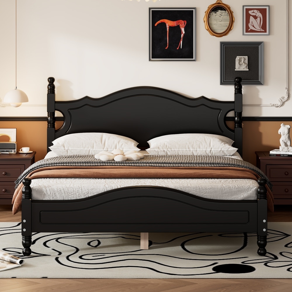 Queen Size Retro Platform Bed Frame with Headboard   Footboard  Black